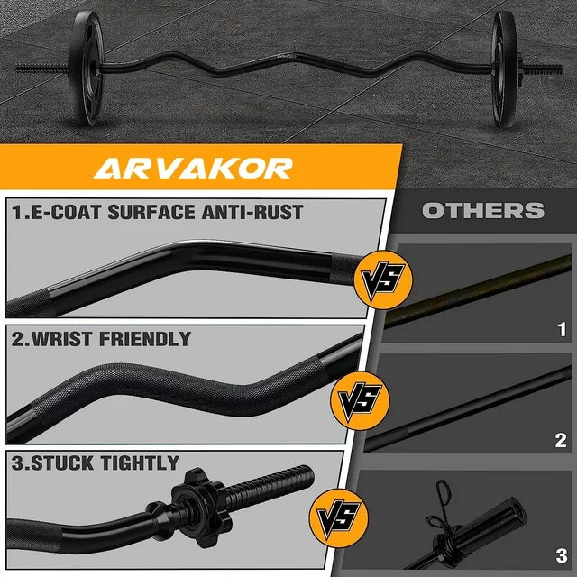 ARVAKOR 47" EZ Curl Bar Weight Lifting Bar with 2 Star Collars, 1-inch Weight Plates Curling Bar for Gym and Home, Black