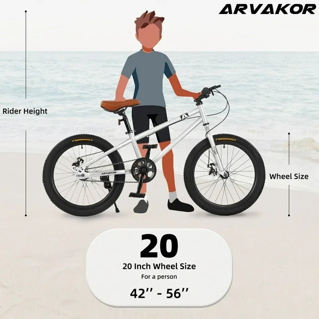 ARVAKOR 20 Inch Kids Mountain Bike for Girls Boys with Double Disc Brake and Wide Tire, Silver