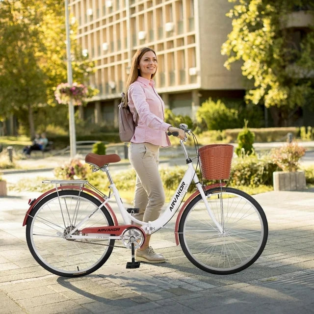 ARVAKOR 26 Inch Women's Bike with Foldable Frame and Basket, Classic Bicycle Retro Bicycle, Cruiser Bike, White