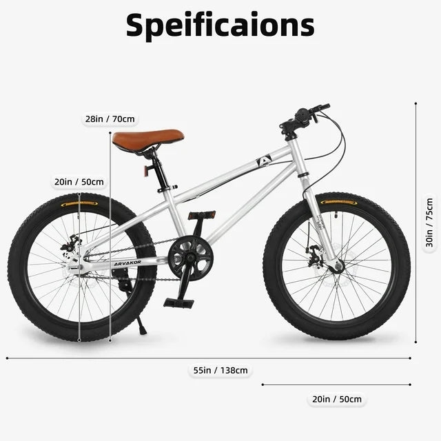 ARVAKOR 20 Inch Kids Mountain Bike for Girls Boys with Double Disc Brake and Wide Tire, Silver