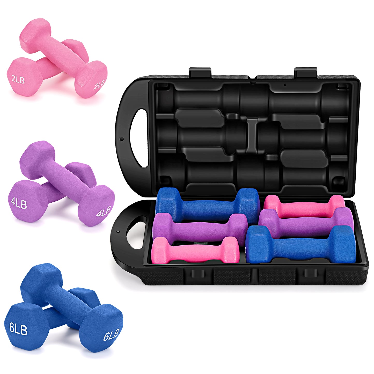 ARVAKOR 24 Lb Neoprene Dumbbell Combination Set, Featuring a Storage Box, Anti-Slip and Anti-Roll Hex Dumbbells in Pair for Strength Training, Resistance Training